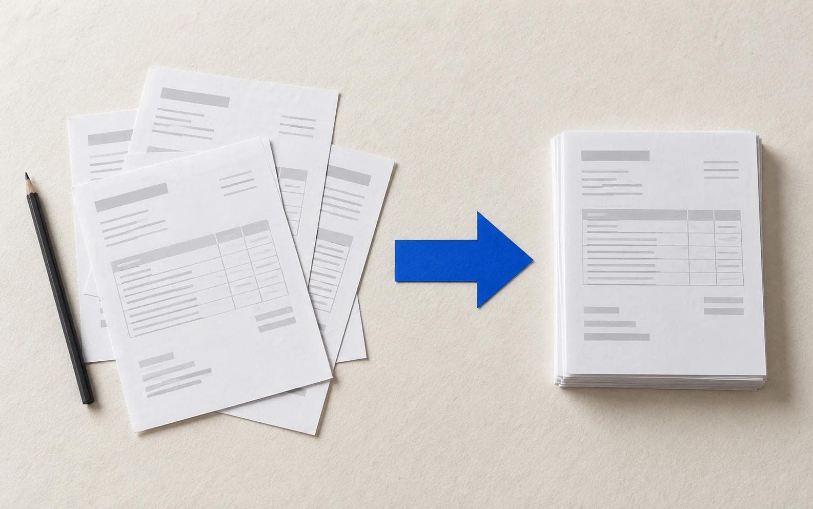 Paper documents moving through a blue arrow into an organised stack