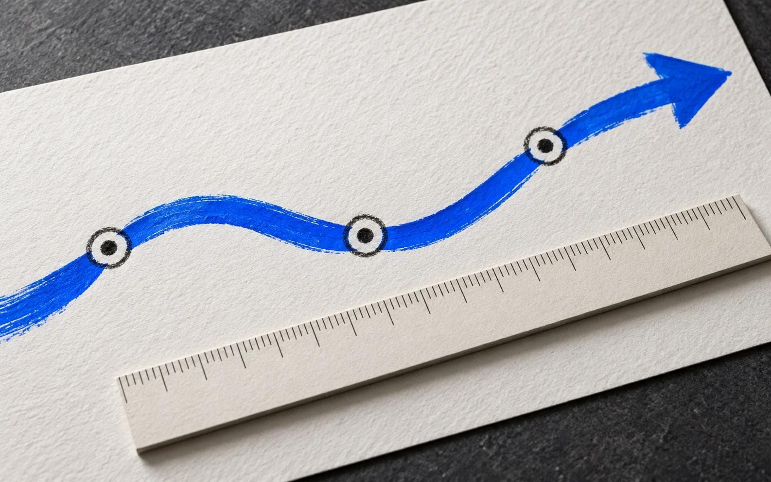 A ruler and paper chart showing a blue improvement arrow